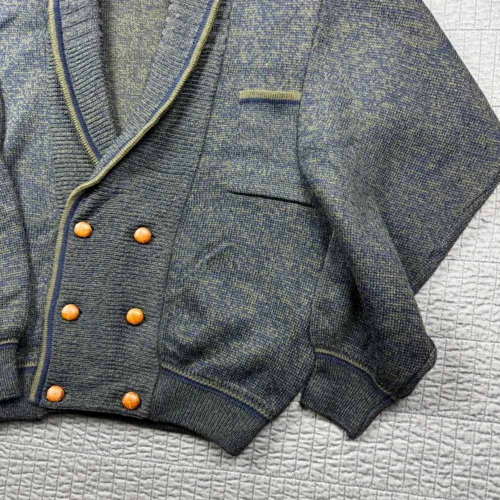 Vintage Cacharel Men Large Shawl Collar Cardigan Wool Blend Green Blue Heathered